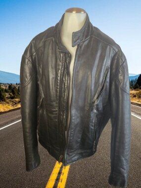 Vintage Hot Leathers Mens Size 46 Black Leather Jacket Biker Style MotorCycle